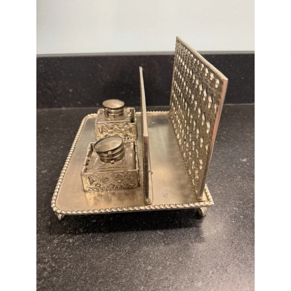 Vintage Silver Plated Double Inkwell Desk Organizer Letter Rack Made in India